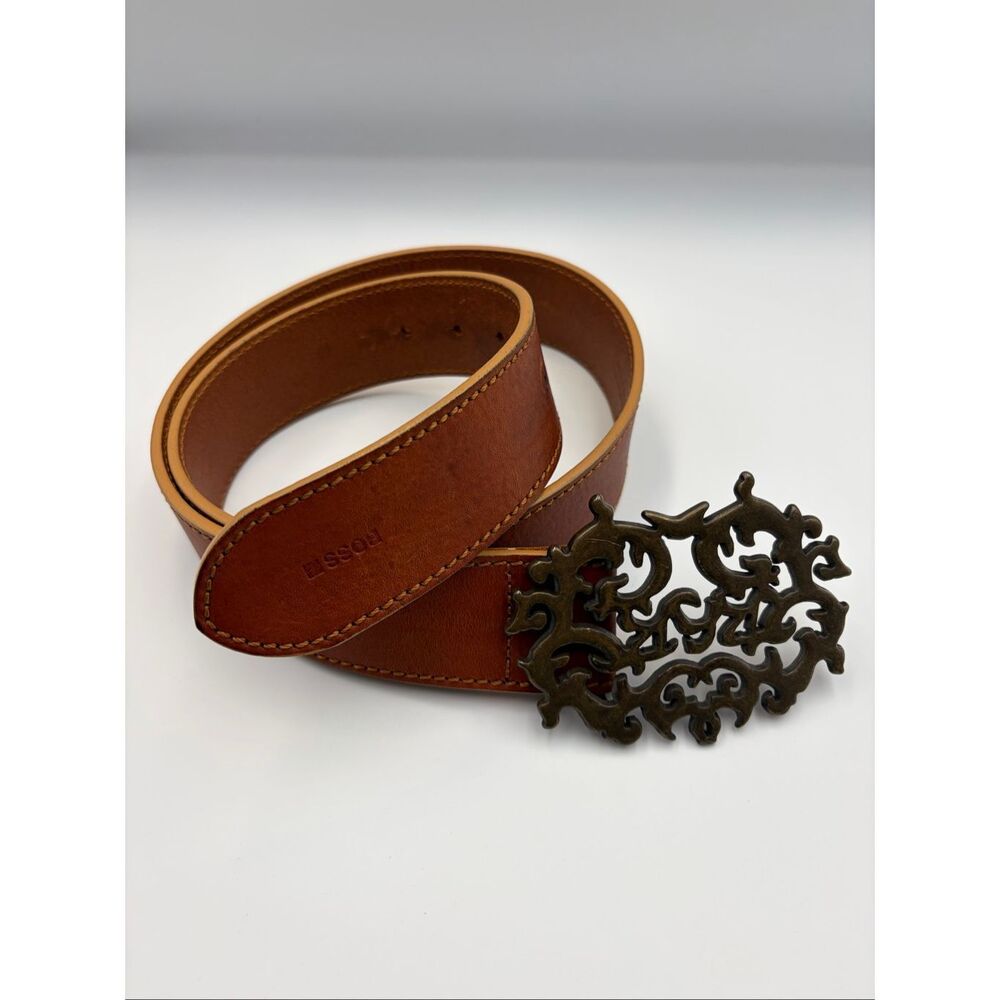 Hugo Boss Women’s Cognac Leather Wide Statement Belt Ornate Antiqued Buckle - Picture 11 of 12